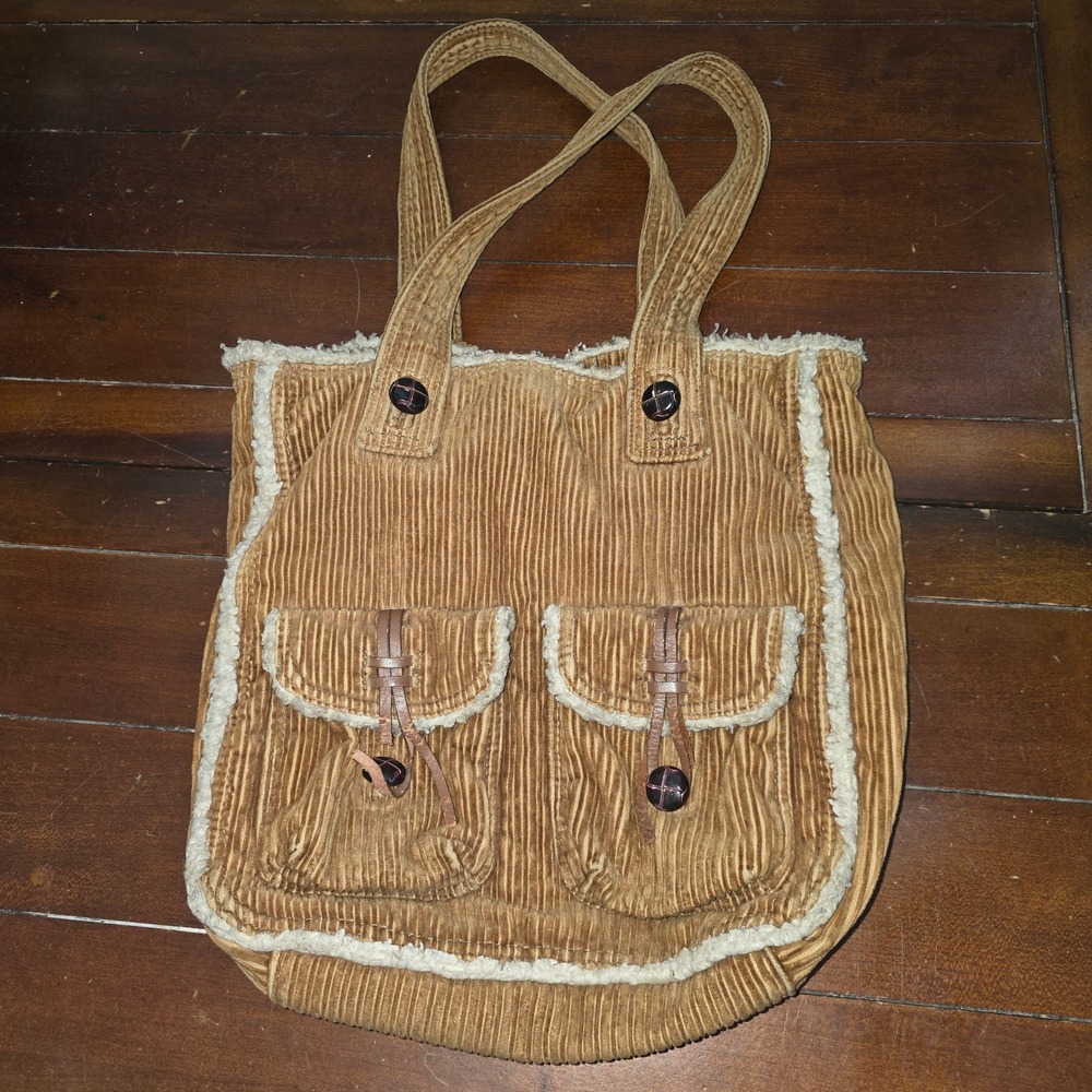 VTG American Eagle Corduroy Tote Bag Brown Sherpa Trim Purse Leather Buttons